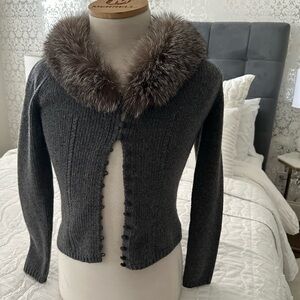 Etcetera Charcoal Cardigan with Faux Fur Collar